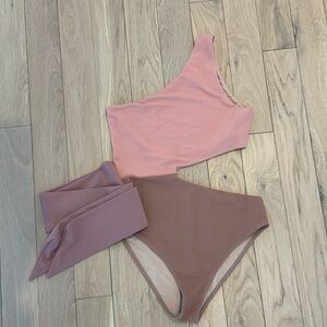 Beach Riot Nude Pink One-Shoulder Swim Set with Sash